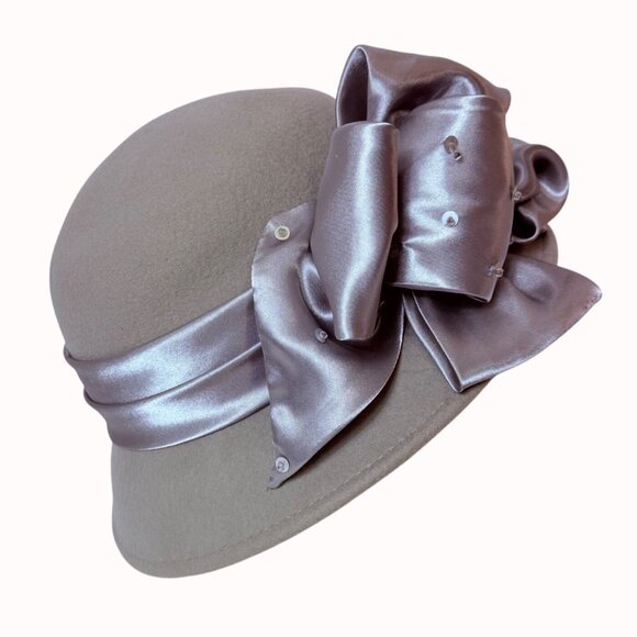 August Accessories Wool Cloche Hat Taupe Luxe Satin Sequin Beaded Bow Church - Picture 3 of 14